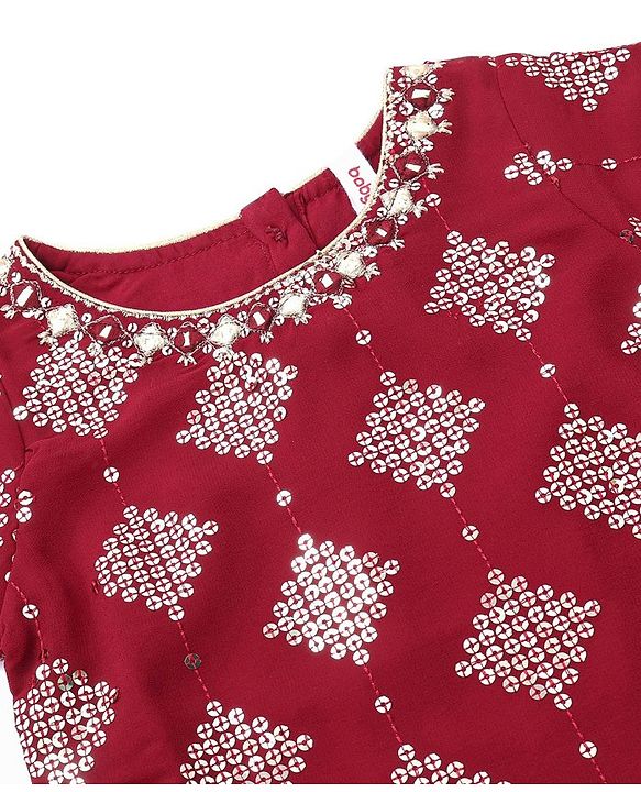 Babyhug Three Fourth Sleeve Sequined Kurti Palazo Set with Dupatta-Maroon