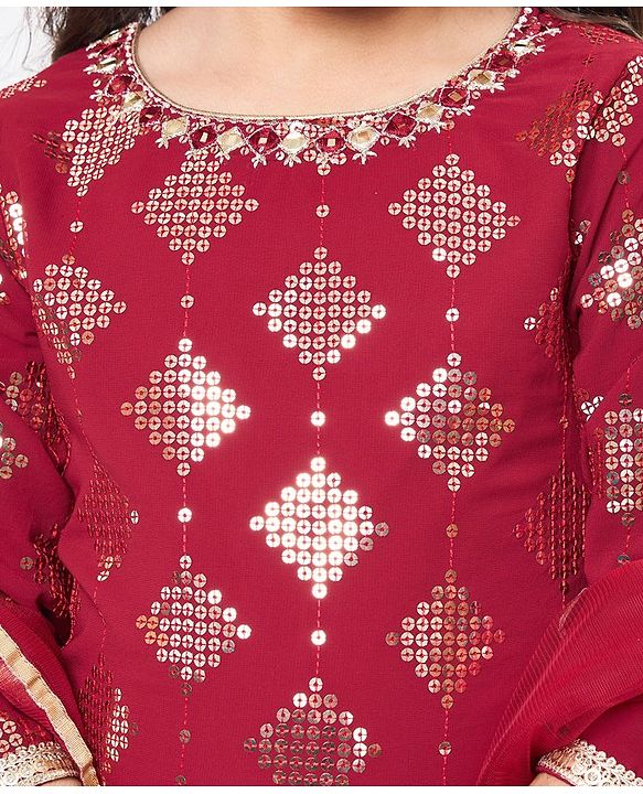 Babyhug Three Fourth Sleeve Sequined Kurti Palazo Set with Dupatta-Maroon