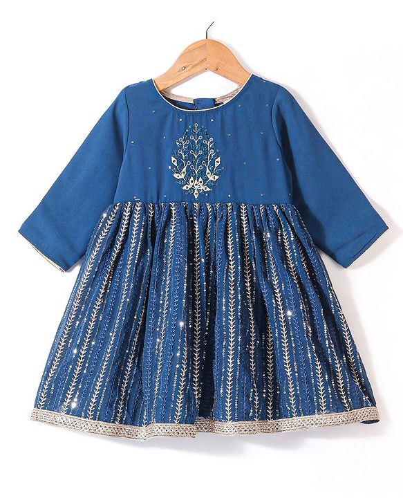 Babyhug Three Fourth Sleeves Sequenced Kurti with Salwar and Dupatta Set - Teal Blue