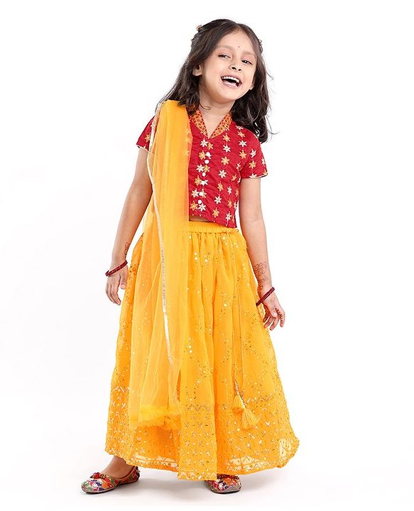 Babyhug Short Sleeve Embroidered Choli With Net Sequenced Embroiderd Lehenga With Dupatta Set- Yellow & Red.