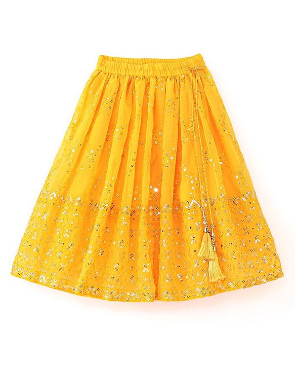 Babyhug Short Sleeve Embroidered Choli With Net Sequenced Embroiderd Lehenga With Dupatta Set- Yellow & Red.