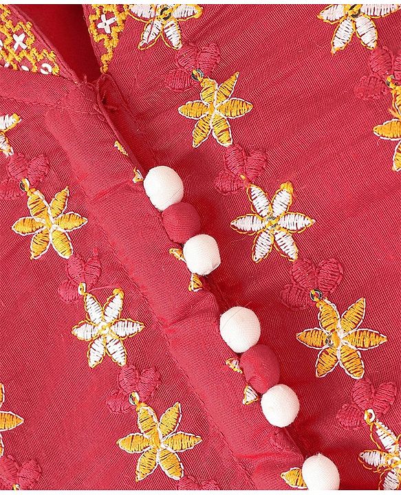 Babyhug Short Sleeve Embroidered Choli With Net Sequenced Embroiderd Lehenga With Dupatta Set- Yellow & Red.