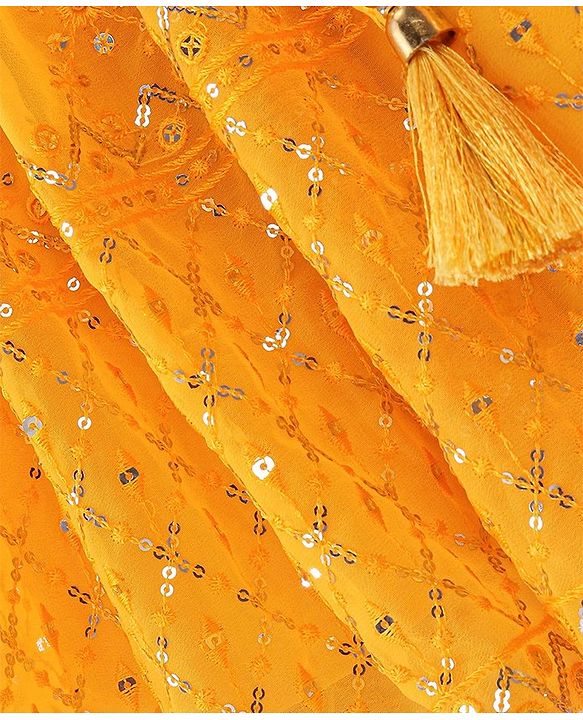 Babyhug Short Sleeve Embroidered Choli With Net Sequenced Embroiderd Lehenga With Dupatta Set- Yellow & Red.