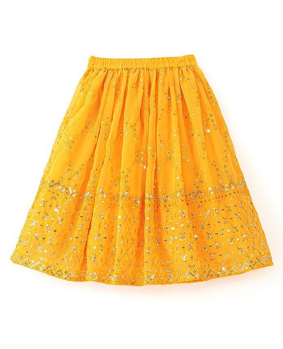 Babyhug Short Sleeve Embroidered Choli With Net Sequenced Embroiderd Lehenga With Dupatta Set- Yellow & Red.