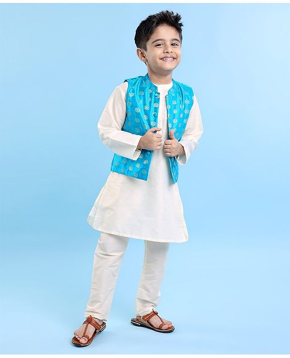 Babyhug Cotton Full Sleeves Kurta Pyjama Set with Printed  Jacket - White
