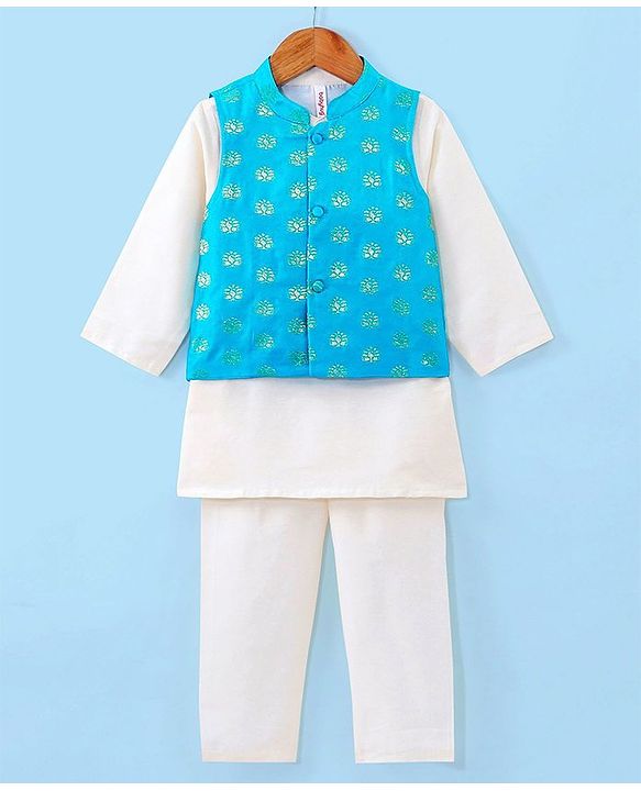 Babyhug Cotton Full Sleeves Kurta Pyjama Set with Printed  Jacket - White