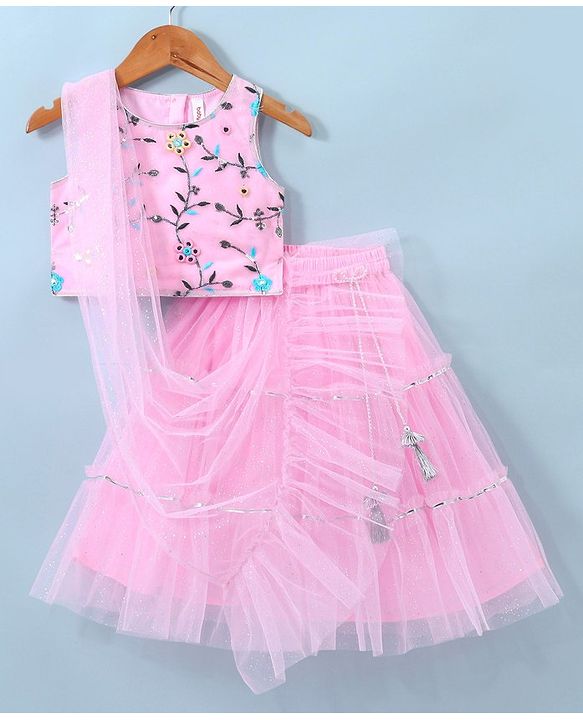 Babyhug Sleeveless Floral Embroided Choli with Shimmer Net Lehenga and Dupatta Set - Pink