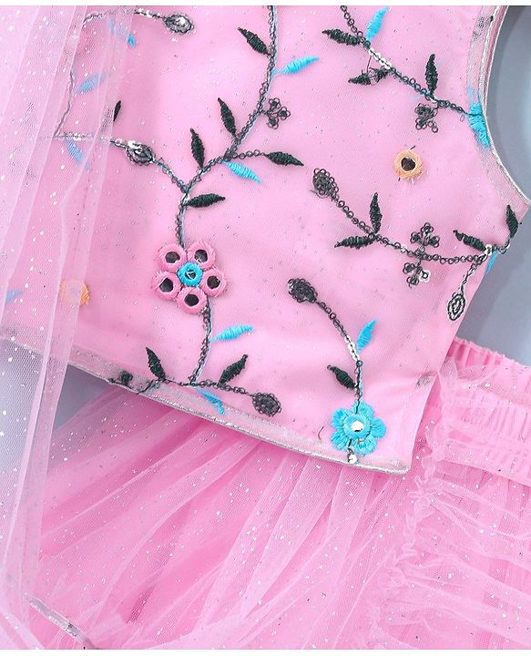 Babyhug Sleeveless Floral Embroided Choli with Shimmer Net Lehenga and Dupatta Set - Pink