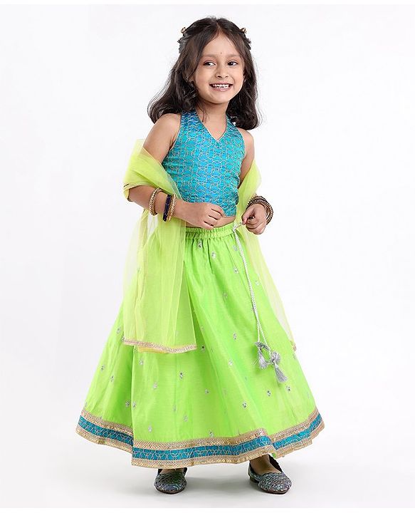 Babyhug Halter Neck Sleeveless Embroidered Choli with Chanderi Sequenced Embroidered Lehenga and Dupatta - Green