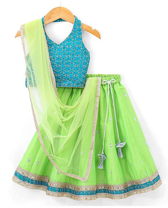 Babyhug Halter Neck Sleeveless Embroidered Choli with Chanderi Sequenced Embroidered Lehenga and Dupatta - Green