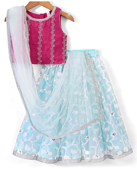 Babyhug Sleeveless Embroidered Choli with Embroidered Lehenga and Dupatta - Aqua Blue