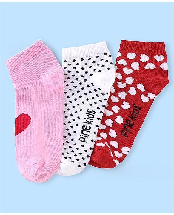 Pine Kids Low Ankle Length Socks Heart Design Pack of 3 - Red Pink & White