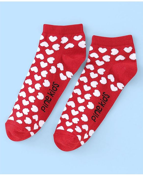 Pine Kids Low Ankle Length Socks Heart Design Pack of 3 - Red Pink & White