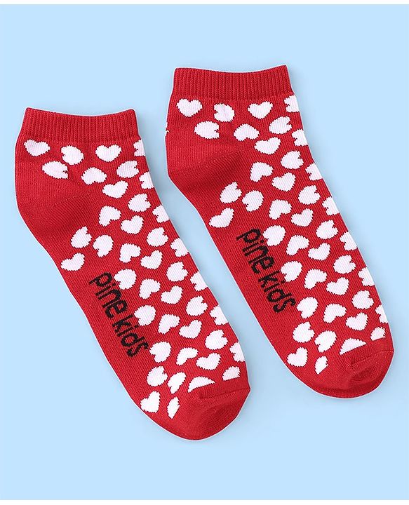 Pine Kids Low Ankle Length Socks Heart Design Pack of 3 - Red Pink & White