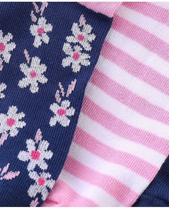 Pine Kids Low Ankle Length Socks Stripes & Floral Design Pack of 3 - Pink & Blue