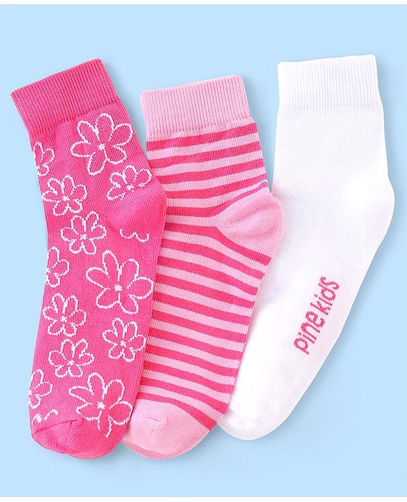 Pine Kids Cotton Spandex Knit High Ankle Socks Stripes & Floral Design Pack Of 3 - Pink & White