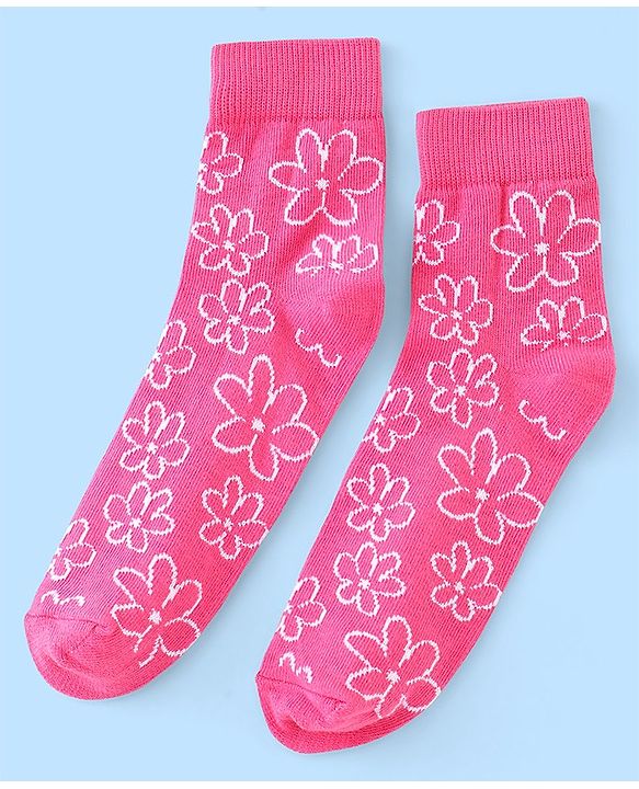 Pine Kids Cotton Spandex Knit High Ankle Socks Stripes & Floral Design Pack Of 3 - Pink & White