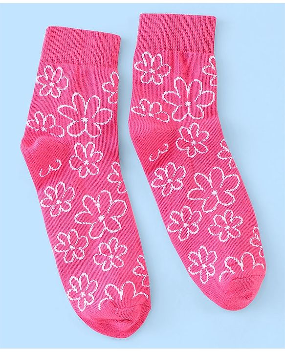 Pine Kids Cotton Spandex Knit High Ankle Socks Stripes & Floral Design Pack Of 3 - Pink & White