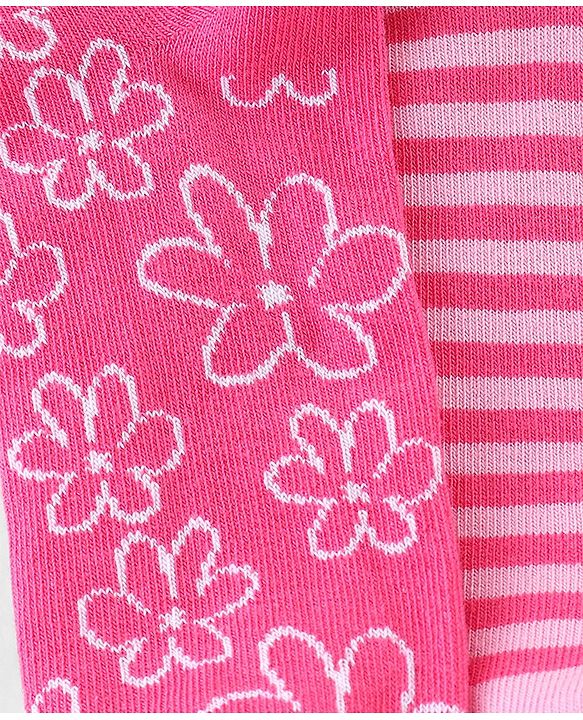 Pine Kids Cotton Spandex Knit High Ankle Socks Stripes & Floral Design Pack Of 3 - Pink & White