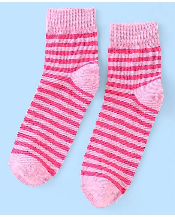 Pine Kids Cotton Spandex Knit High Ankle Socks Stripes & Floral Design Pack Of 3 - Pink & White