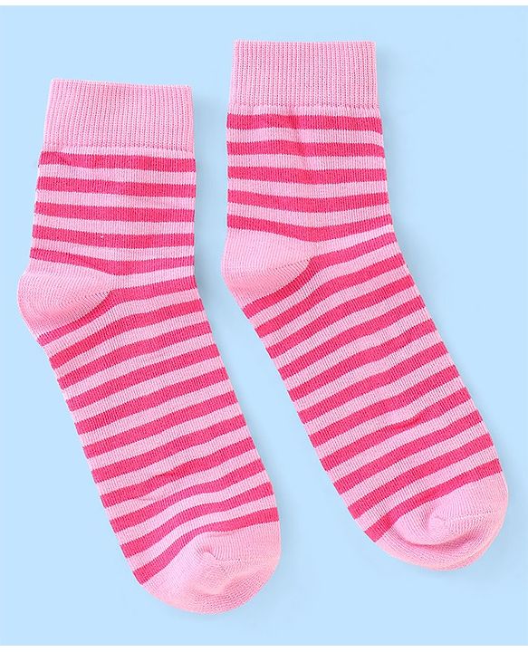 Pine Kids Cotton Spandex Knit High Ankle Socks Stripes & Floral Design Pack Of 3 - Pink & White