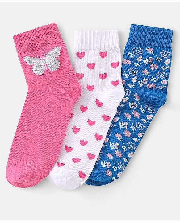 Pine Kids Cotton Spandex Knit High Ankle Socks Heart & Floral Design Pack Of 3 - Pink Blue & White