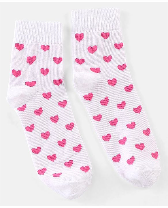Pine Kids Cotton Spandex Knit High Ankle Socks Heart & Floral Design Pack Of 3 - Pink Blue & White