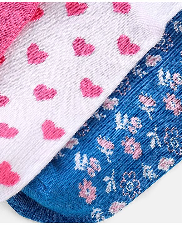 Pine Kids Cotton Spandex Knit High Ankle Socks Heart & Floral Design Pack Of 3 - Pink Blue & White