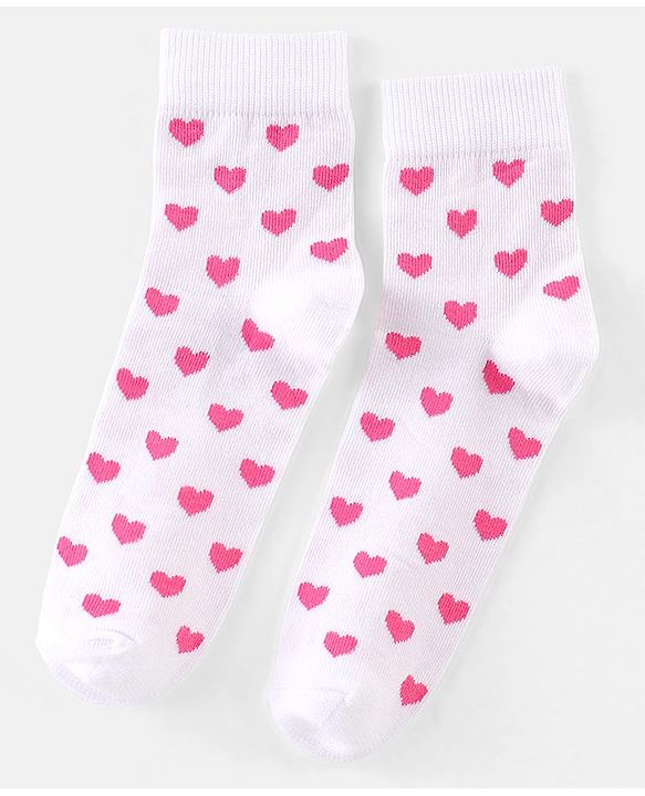 Pine Kids Cotton Spandex Knit High Ankle Socks Heart & Floral Design Pack Of 3 - Pink Blue & White