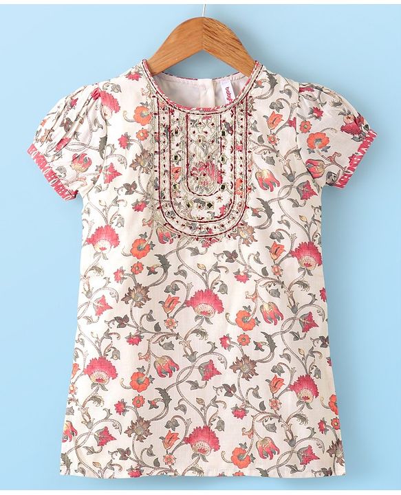 Babyhug Three Forth Sleeve Kurti Sharara And Dupatta With Print Floral Embroidery - Pink & White