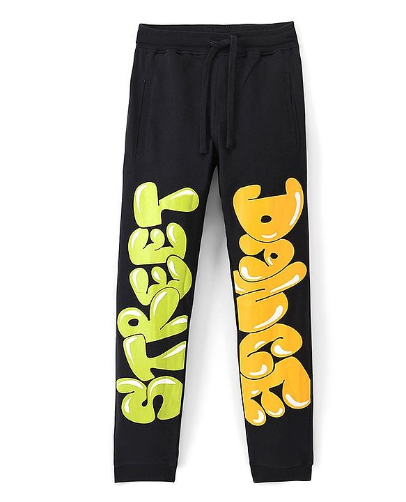 Pine Kids 100% Cotton Knit Full Length Track Pant Text Print - Black