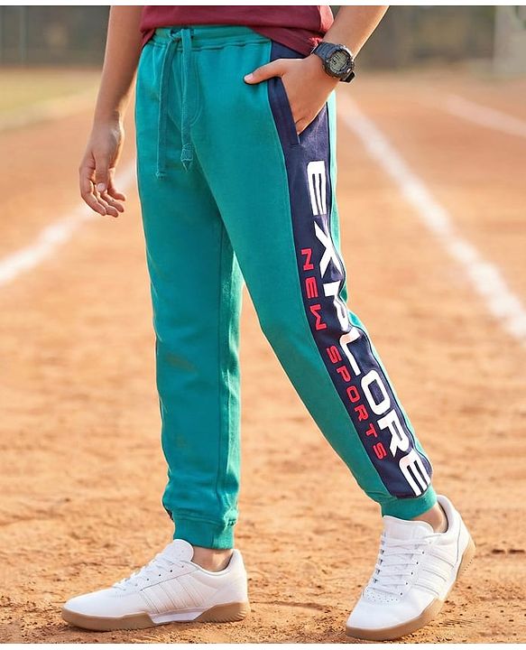 Pine Kids 100% Cotton Terry Knit Full Length Cut and Sew Stretchable Track Pants Text Print - Green