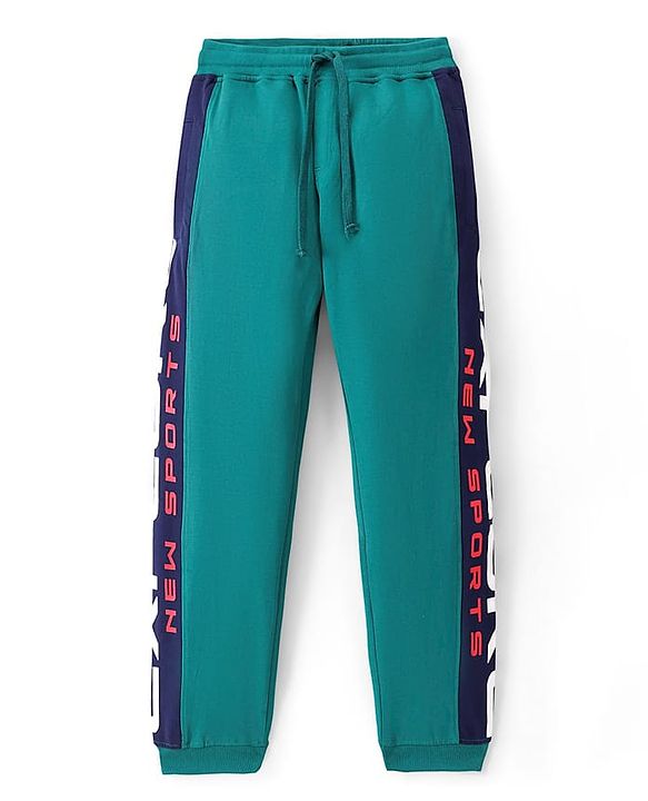 Pine Kids 100% Cotton Terry Knit Full Length Cut and Sew Stretchable Track Pants Text Print - Green