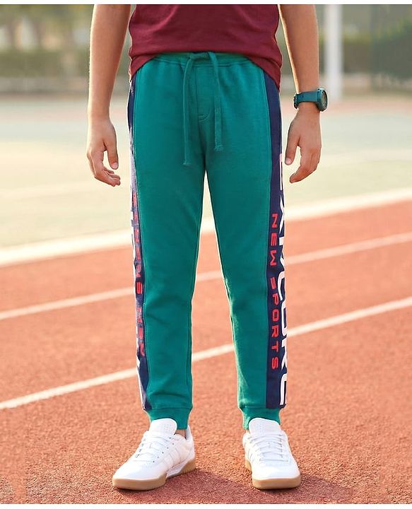 Pine Kids 100% Cotton Terry Knit Full Length Cut and Sew Stretchable Track Pants Text Print - Green