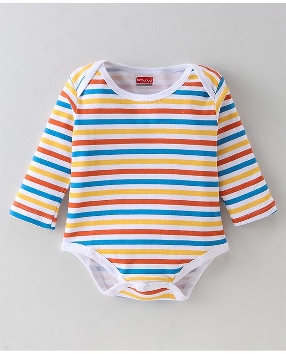 Babyhug 100% Cotton Knit Full Sleeves Striped & Fox Printed Onesies Pack of 3 - Yellow & Blue