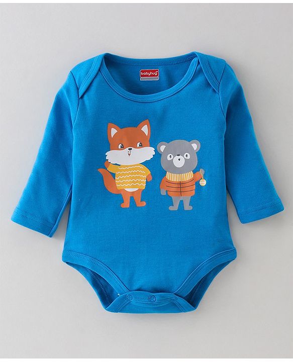 Babyhug 100% Cotton Knit Full Sleeves Striped & Fox Printed Onesies Pack of 3 - Yellow & Blue