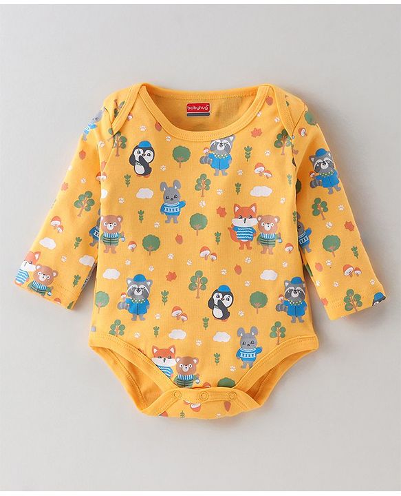 Babyhug 100% Cotton Knit Full Sleeves Striped & Fox Printed Onesies Pack of 3 - Yellow & Blue