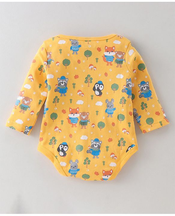 Babyhug 100% Cotton Knit Full Sleeves Striped & Fox Printed Onesies Pack of 3 - Yellow & Blue