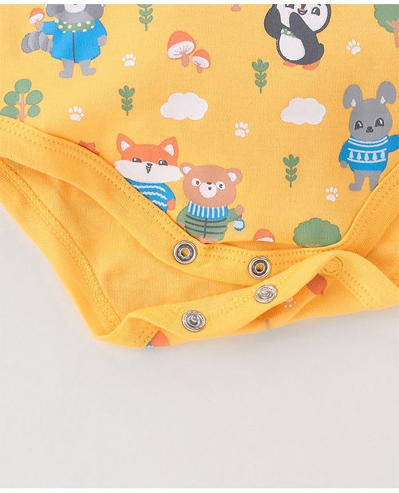 Babyhug 100% Cotton Knit Full Sleeves Striped & Fox Printed Onesies Pack of 3 - Yellow & Blue