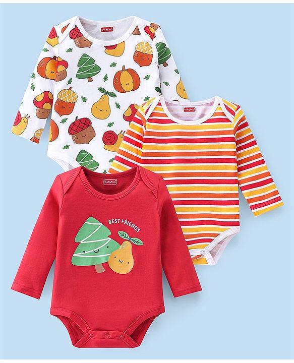 Babyhug 100% Cotton Knit Full Sleeves Fruity Printed Onesies Pack of 3 - Multicolour