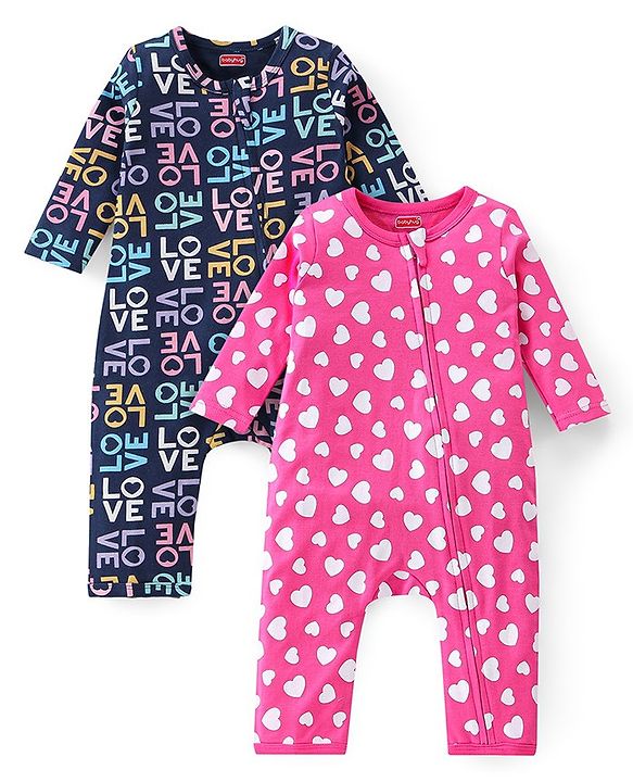 Babyhug 100% Cotton Knit Full Sleeves Text & Heart Printed Rompers Pack of 2 - Pink & Navy