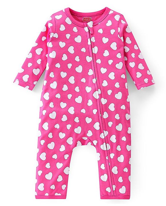 Babyhug 100% Cotton Knit Full Sleeves Text & Heart Printed Rompers Pack of 2 - Pink & Navy