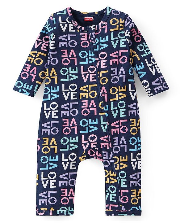 Babyhug 100% Cotton Knit Full Sleeves Text & Heart Printed Rompers Pack of 2 - Pink & Navy
