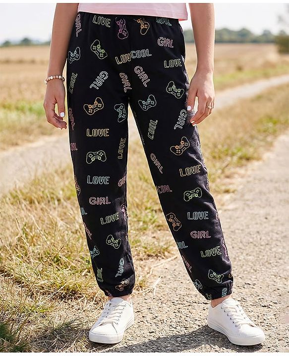 Pine Kids Knit Full Length Stretchable Track Pants Text Print - Jet Black