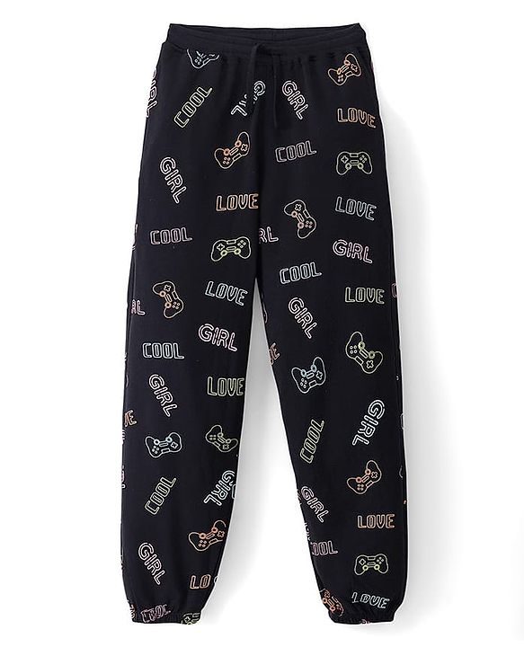Pine Kids Knit Full Length Stretchable Track Pants Text Print - Jet Black