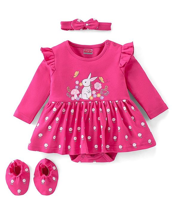 Babyhug 100% Cotton Full Sleeves Onesie with Hairband & Booties Bunny Print - Pink