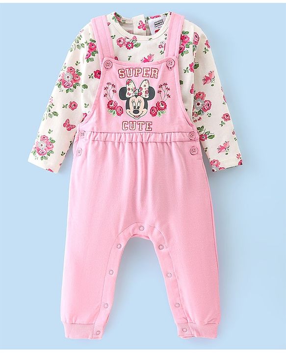 Babyhug 100% Cotton Knit Minnie Mouse Printed Dungaree with Full Sleeves Floral Printed Inner Tee - White & Pink