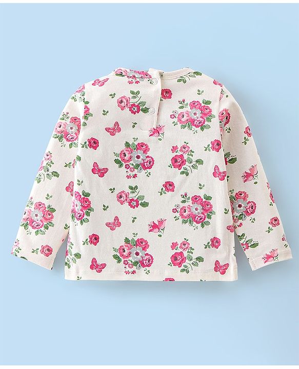 Babyhug 100% Cotton Knit Minnie Mouse Printed Dungaree with Full Sleeves Floral Printed Inner Tee - White & Pink