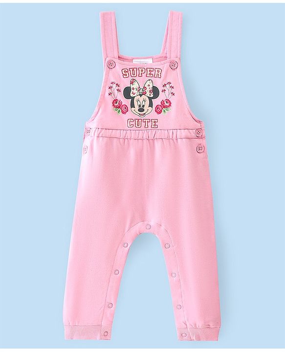 Babyhug 100% Cotton Knit Minnie Mouse Printed Dungaree with Full Sleeves Floral Printed Inner Tee - White & Pink