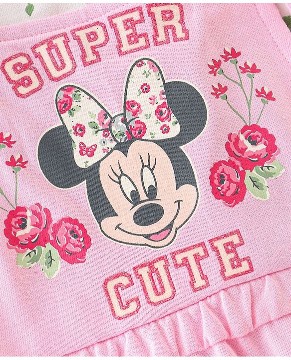 Babyhug 100% Cotton Knit Minnie Mouse Printed Dungaree with Full Sleeves Floral Printed Inner Tee - White & Pink